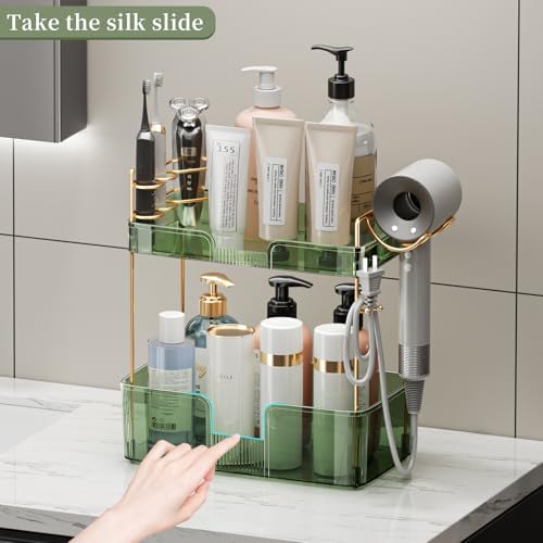 YCIA&DONE Luxury Bathroom Counter Organizer, Large Makeup Organizer Countertop, Shelf Organizer, Vanity Tray, Easily Assemble for Bathroom Organizers and Storage, Undersink, Cabinet, 2 Tiers Green