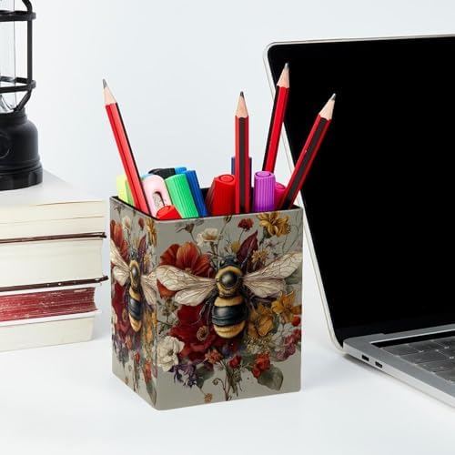 Cute Bee Pen Holder for Desk Decor, Rectangular PVC Leather Pencil Cup for Desk Pen Organizer, Makeup Brush Holder for School, Home, Office