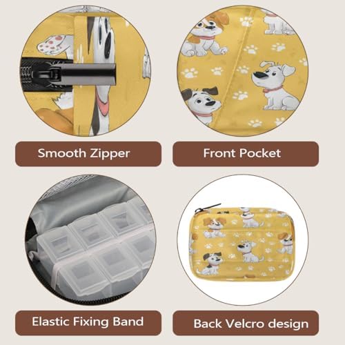 Weekly Pill Organizer Travel Size Bag with Removable 7 Day Pill Box Portable Vitamin Case Purse with Zipper,Puppy Dog Paw Prints Yellow Pattern