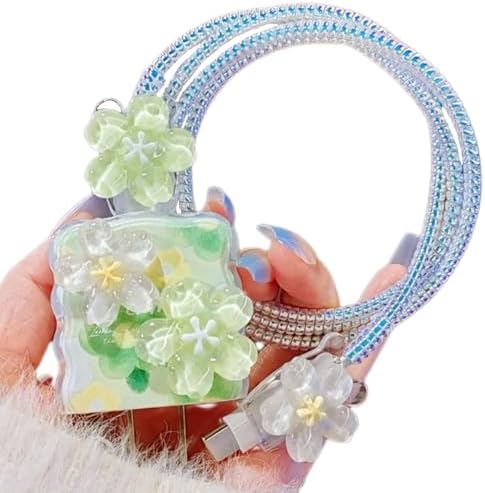 Cute Flower Cable Protector for iPhone iPad 18W/20W Charger Cover,Elegant 3D Floral Charger Cord Protector,Data Line Wire Saver,DIY Charging Cord Protector for iPhone 12 13 14 15 16 Plus Pro Max-Green