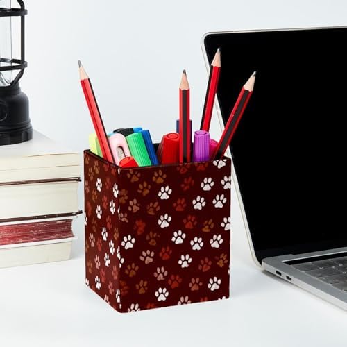 Pet Paws Pen Holder for Desk Decor, Rectangular PVC Leather Pencil Cup for Desk Pen Organizer, Makeup Brush Holder for School, Home, Office