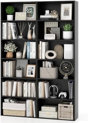 Giantex 6-Tier Bookcases Set of 2, 70" Tall Wooden Bookshelf, Freestanding Storage Organizer w/Open Shelves, Anti-Tipping Kits, Modern Floor Standing Display Shelves for Living Room, Bedroom, Black