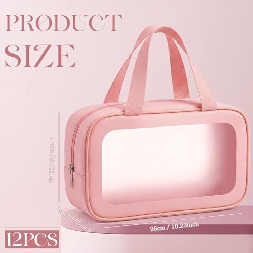 Abbylike 12 Pcs Clear Toiletry Bags with Handle for Women and Men, Matte Translucent Waterproof Cosmetic Bags with Zipper for Travel Toiletries Wash Shower Accessories Bachelorette Bridal Party(Pink)