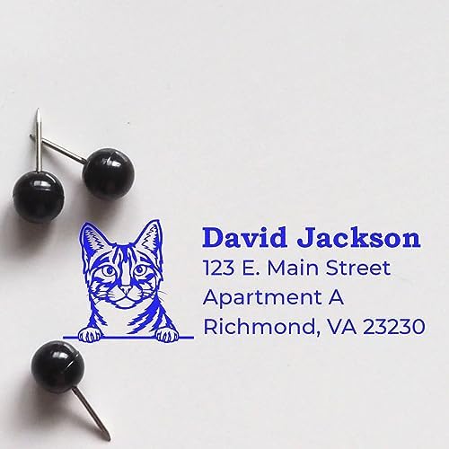 Peeking Egyptian Mau Cat Address Stamp Self-Inking - Clear Impressions | Personalized Address Stamp Egyptian Mau Cat. Custom Address Stamp for Holiday Cards. 4 case colors. Laser-cut.