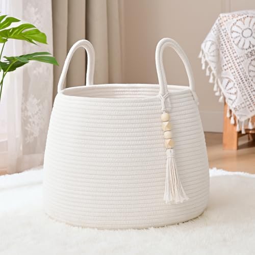 Large Nursery Hamper, 30L Blanket Basket with Handle, Baby Laundry Basket for Gift, Toy, Clothes, Woven Storage Basket with Wooden Bead Decor, Baby Hamper for Nursery (Black&Brown)