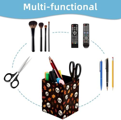 Skull Pen Holder for Desk Decor, Rectangular PVC Leather Pencil Cup for Desk Pen Organizer, Makeup Brush Holder for School, Home, Office