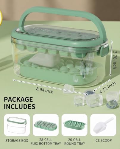 Ice Cube Tray with Bin and Lid, 54-Cell Dual Shape, Easy Release | 28 Square 26 Round Molds, Green, Easy Twist Release, Storage Bin with Collapsible Handle, For Freezer, RV, Camping, Parties