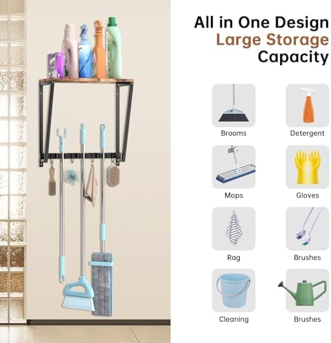 Broom and Mop Organizer Wall Mount, Heavy Duty Broom Hanger Wall Mount for Garage Laundry Room Utility Closet, Cleaning Tool Storage Rack Holder for Brooms Mops Swiffer and Household Organization