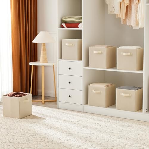 MAX Houser 6 Pack Foldable Fabric Storage Bins with Dual Handles, Beige | 6 pack cloth storage bins with dual carry handles, Foldable Storage Cubes Organizer Baskets, ideal for home bedroom closet