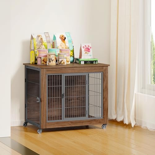 Dog Crate Furniture with Wheels, Wooden Dog Kennel Indoor, Decorative Side End Table for Small Dogs, Easy Installation (32.5'')