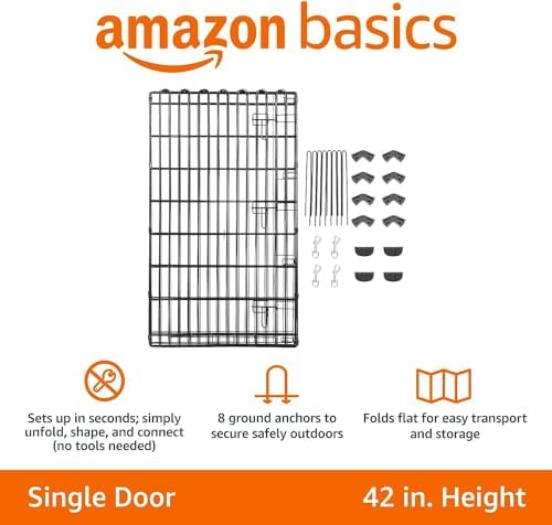 Amazon Basics Foldable Octagonal Metal Exercise Dog Playpen, Indoor/Outdoor, Single Door, 8 Panels, 24 x 42 Inches, Portable Pet Fence, Large, Black