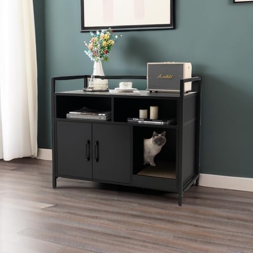 GIANTEX Cat Litter Box Enclosure, Hidden Cat Cabinet Furniture, Dog-Proof | Scratch Pad, Front Entry, Double Doors, 2-Compartment Storage, Wooden Pet House Washroom End Side Table for Living Room