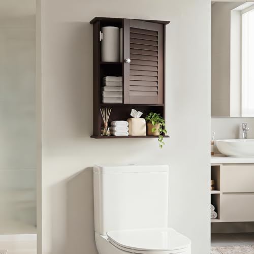 Tangkula Medicine Cabinet, Wall Mounted Bathroom Cabinet Single Door Wooden Bathroom Wall Cabinet with Adjustable Shelf (Brown)