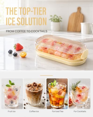 Press Ice Cube Tray with Lid Easy Release Mold Box Fill | PP+TPE+PET, 9.4 x 4.1 x 2.6 In, Ice Maker Stackable Odorless Storage Bin for Cocktail Whiskey Mint , Sweet Yellow