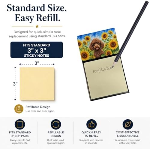 Caroline's Treasures Chocolate Poodle in Sunflowers Watercolor Sticky Note Holder Refillable Dispenser Desk Accessory 3x3 Pad Gift
