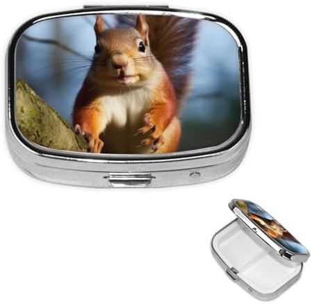 Squirrel Funny Animal Pill Box 2 Compartment Medicine Pill Organizer Square Pill Case for Purse & Pocket Travel Pillbox Portable Metal Medicine Vitamin Fish Oil Organizer Unique Gift
