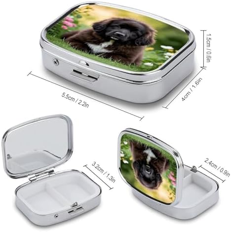 Cute Pet Newfoundland Dog Pill Case Daily Square Small Medicine Case Vitamin Organizer Box 2 Compartments Portable Metal Travel Medicine Box for Vitamins Fish Oils Supplements