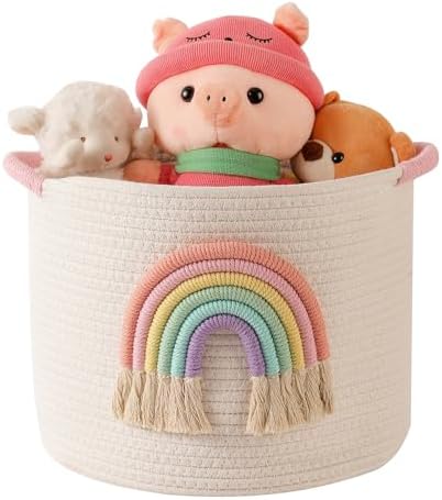 Toy Storage Baskets Woven Cotton Rope Storage Basket with Rainbow Decor for Kids, Blanket Baskets for Living Room Toys Organizer Rainbow Baby Gifts Basket with Handle for Girls Nursery Playroom