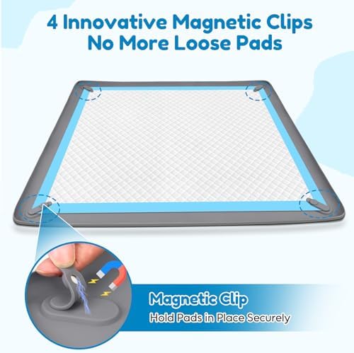 Puppy Pad Holder, Silicone Dog Pee Pad Holder Tray with 4 Magnetic Clips | Fits 24" x 24" Training Pads, Leak-Proof, Raised Lip High Edge, No Spill, Use as Pet Feeding Mat, for Indoor Floor Protection
