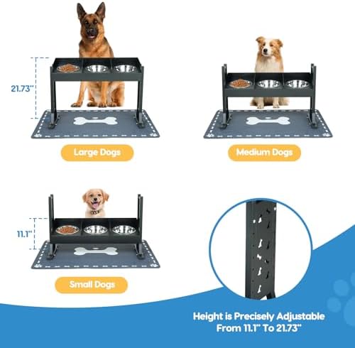Elevated Dog Bowls for Large Breeds, Triple Dog Bowl Stand with 3 Stainless Steel Bowls, Adjustable Raised Dog Feeding Station, Slow Feeder Anti-Gulping Design, Heavy Duty