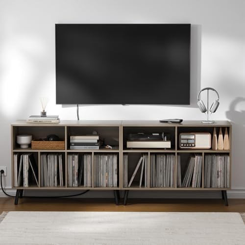 Cozy Castle Record Player Stand with Vinyl Storage Cabinet, Wood Turntable Table Open Shelf Holder Up to 350 Albums Cube Storage Organizer for Living Room, Office, Gray
