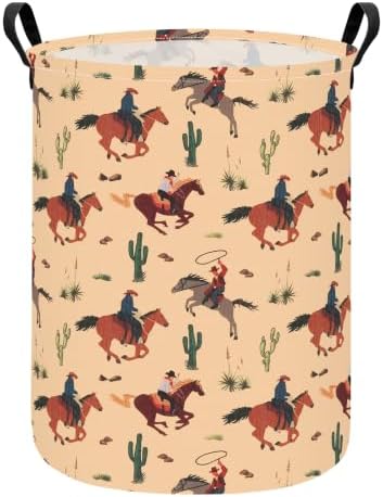 Round Laundry Basket Collapsible Storage Organizer Cactus Cowboy | Waterproof Canvas Foldable Baskets with sturdy Handles Multi-scene Organizer for Home Play Bedroom Gift Bin