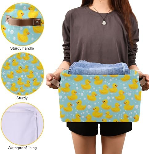 Wamika Yellow Duck Cute Storage Basket Fabric Bathroom Baskets Blue Bath Bubble Open Home Storage Bins Boxes Foldable Organizer Bag for Baby Cloth Pet Toy Book Shelf Closet Baskets 16×12×8 Inches