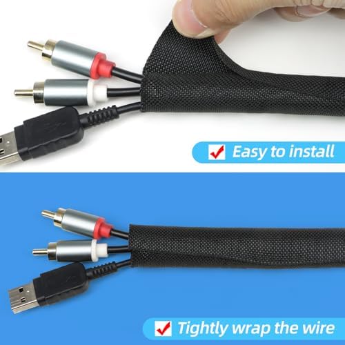 Automotive Wire Loom Tubing, Split Braided Cord Protectors from Pets No Chew, Flexible Cable Sleeve Cable Management for TV/Computer/Electric Wires (Black, 3/8"-25ft)