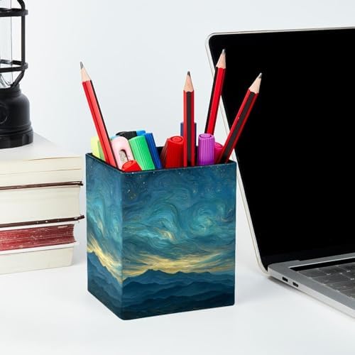 Mountain and Starry Sky Pen Holder for Desk Decor, Rectangular PVC Leather Pencil Cup for Desk Pen Organizer, Makeup Brush Holder for School, Home, Office