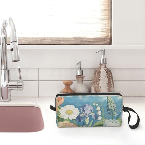 Vintage Floral Garden Makeup Bag for Women with Wrist Strap | Durable 600D Oxford Fabric Cosmetic Organizer,Compact Travel Pouch with Handle for Gym & Daily Use