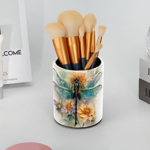 Faux Leather Pen Holder for Desk, Pencil Organizer Dragonfly Pen Cup Desk Decor Makeup Brush Holder Storage for Office Home