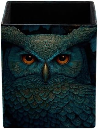 Owl Pen Holder for Desk Decor, Rectangular PVC Leather Pencil Cup for Desk Pen Organizer, Makeup Brush Holder for School, Home, Office