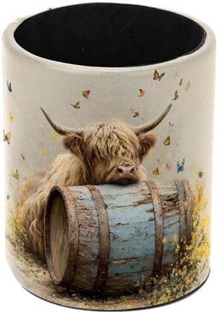 Faux Leather Pen Holder for Desk, Pencil Organizer Highland Cow Pen Cup Desk Decor Makeup Brush Holder Storage for Office Home