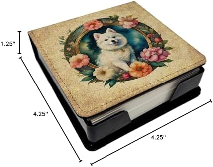 Caroline's Treasures Japanese Spitz and Flowers PU Leather Note Paper Holder with Artist-Designed Cover, Desk Accessory, Office Gift