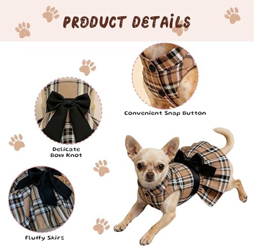 Classic Plaid Dog Dress with Bow Tie for Small Dogs Cats Girls, Cute Puppy Dresses Clothes with Bowknot Chihuahua French Bulldog Pet Apparel Outfits (Chestnut Brown, Large)