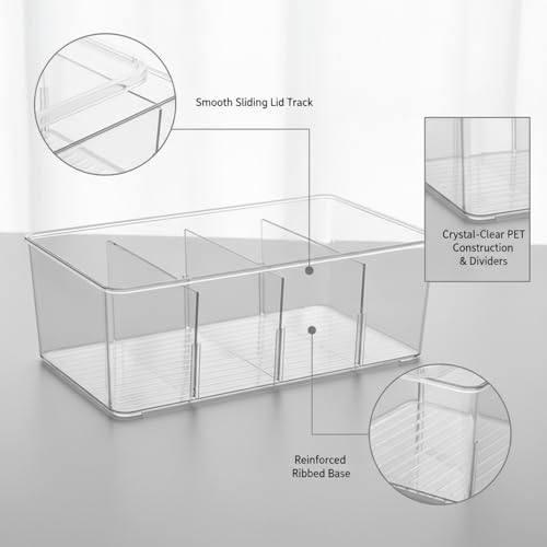 Clear PET Storage Box with Sliding Lid & Dividers, 4-Compartment Organizer for Small Items, Home Office Desk Drawer (1 Pack)
