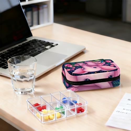 Weekly Pill Organizer Travel Size Bag with Removable 7 Day Pill Box Portable Vitamin Case Purse with Zipper,Pink Baby Elephant Starry