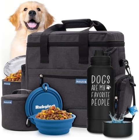 Rubyloo The Original Doggy Bag (Charcoal) & 32oz Insulated Water Bottle with Attached 8oz Bowl (Dogs are My Favorite People) – Dog Travel Bag & Hydration Set