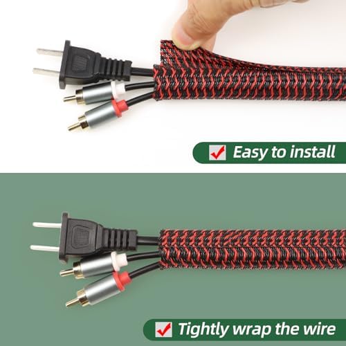 Split Wire Loom Tubing, Cable Protector Sleeve, Braided Cable Management for TV/Computer/Home Theater/Engine Bay, Cord Protectors from Pets No Chew (Red and Black, 1/2"-10ft)