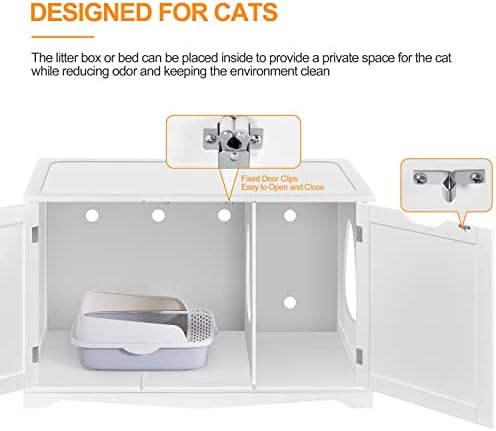 Yaheetech Cat Litter Box Enclosure, Box Cabinet Hidden, Wooden Pet Crate Kitty Washroom Storage Bench with Divider Home Litter Loo Indoor Cat House White