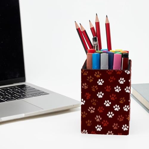 Pet Paws Pen Holder for Desk Decor, Rectangular PVC Leather Pencil Cup for Desk Pen Organizer, Makeup Brush Holder for School, Home, Office