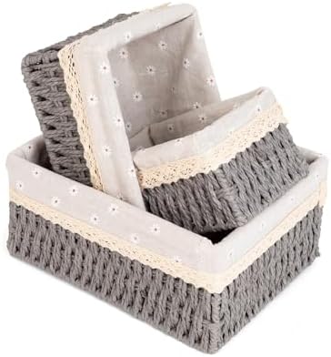 Wicker Baskets for Organizing,Natural Paper Rope Large Small Basket Set with Liner,Hand Woven Pantry Organizer & Storage for Women Girls Bathroom Living Room School Desk Shelves Décor(3 Pack Grey)