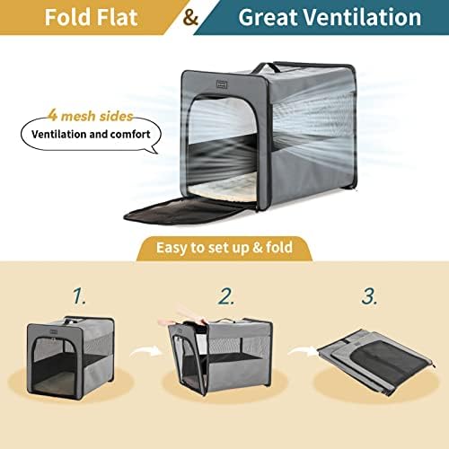 PETSFIT Portable Dog Crate, Travel Dog Crate - 24 Inch with Thicken Mat, Easy to Fold, Sturdy and Portable, Perfect for Traveling, Soft Dog Kennel Grey