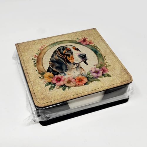 Caroline's Treasures Basset Hound and Flowers PU Leather Note Paper Holder with Artist-Designed Cover, Desk Accessory, Office Gift