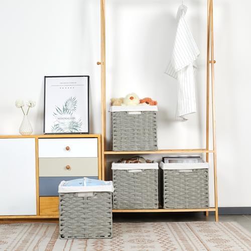 Bidtakay Wicker Cube Baskets with Liners Cube Storage Organizer for Shelves Closet 11 inch 4 Pack Decorative Hand-Woven Imitation Wicker Storage Bins for Organizing Pantry Bedroom Light Grey