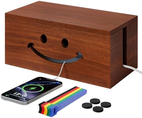 Solid Wood Cable Management Box, Cute Smile Cord Hider Box for Desk