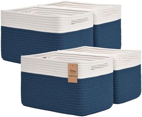 Storage Baskets for Organizing, 4 Pack Baskets for Shelves, Decorative Storage Bins for Shelves, Cotton Rope Storage Basket with Handles, Woven Basket for Storage, 13''Lx8.7''Wx7.9''H, White & Blue