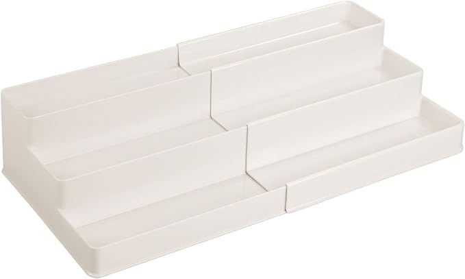 mDesign Plastic Expandable 3-Tier Shelf Rack Organizer - Storage for Bathroom Vanity, Cabinet, Cupboard, Drawer - Holds Medicine, Vitamins, Supplements, Cosmetics - Ligne Collection - Cream/Beige