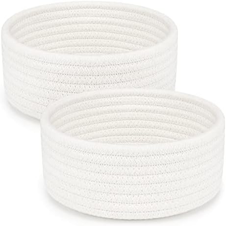 ABenkle 2 Pack Small Baskets, Cotton Rope Woven Basket, Cute Mini Tiny Storage Baskets, Decorative Boho Basket for Nursery Living Room Bedroom Shelf, Empty Gift Baskets - White