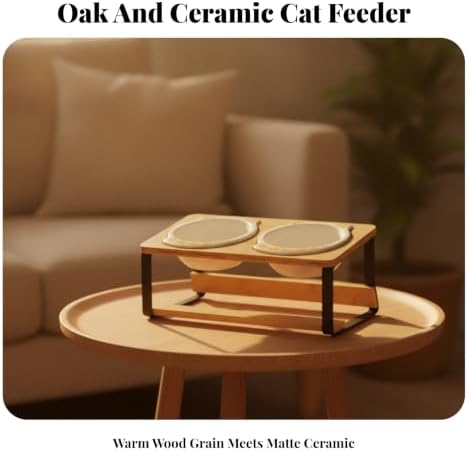 Cat Bowl Stand Elevated Feeder Raised Holder Double Dish Organizer Bamboo Wood and Iron Tilted Feeding Rack with Compact Footprint Suitable for Cats